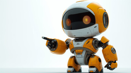 Yellow and white small robot is pointing at space. White background. Future technology concept. Selective focus. Copy space. Close up