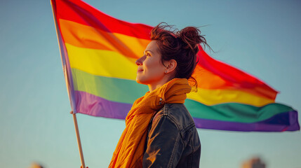 Woman in profile, smiling and posing next to the LGBTI flag