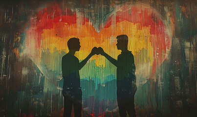 Symbolic illustration of the silhouette of two men holding hands and in the background a multicolored heart as a symbol of diversity