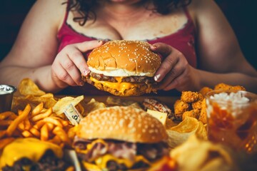 Overweight woman eating hamburger and chips. Junk food concept. Overweight. Overeating Concept....