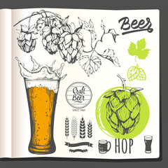 Food sketchbook with traditions of home brewing. Food in the sketch style. Vector illustration beer, hop and icons. Cookbook.