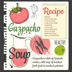 Food sketchbook with spanish traditional tomato soup gazpacho. Recipes. Food in the sketch style. Vector illustration of ethnic cooking. National tea ceremony. Cookbook.