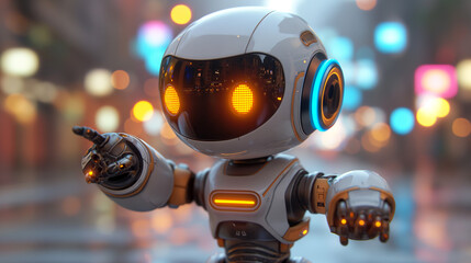 Fototapeta premium White and golden small robot with yellow eyes is pointing at space. Future technology concept. Selective focus. Copy space. Close up