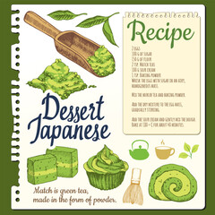 Food sketchbook with japanese traditional desert with matcha tea. Recipes. Food in the sketch style. Vector illustration of ethnic cooking. National tea ceremony. Cookbook.