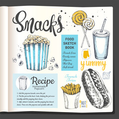 Food sketchbook with fast food snacks. Popcorn recipes. Food in the sketch style. Vector illustration : hot dog, milkshake, french fries, lollipop. Cookbook.