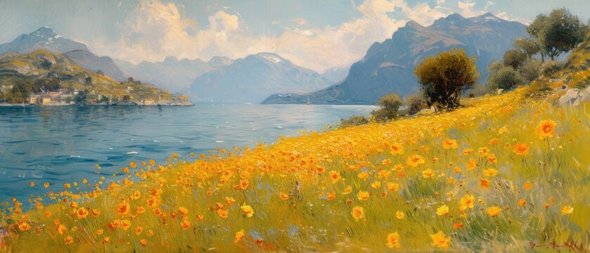 Painting of soft tone asthetic golden flowers mountainscape, yellow and sunny and gentle in style Claude Monet