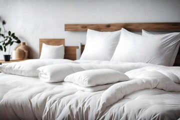 White duvet on a bed in a cozy bedroom, ready for winter. Household, domestic tasks, hotel or home textile preparations