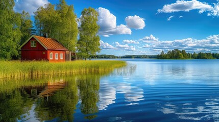 Obraz premium Beautiful landscape with a red house on the lake with water reflection and bright sky with clouds. Weekend house