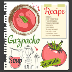 Food sketchbook with spanish traditional tomato soup gazpacho. Recipes. Food in the sketch style. Vector illustration of ethnic cooking. National tea ceremony. Cookbook. - 723012557