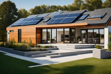 Modern suburban home featuring a rooftop photovoltaic system for eco-friendly living.