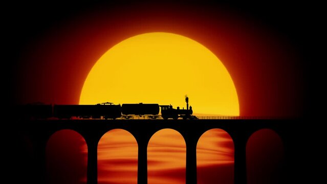 Shot of freight train on the bridge over river against setting sun. Locomotive with oil barrels and containers with goods moving on.