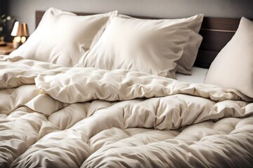 Fototapeta na wymiar Ivory duvet on cozy bed, ready for winter. Household, hotel, or home textile scene