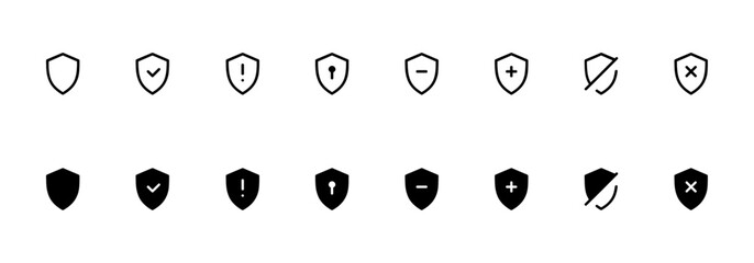 Shield icon set. Set of security shield icons, security shields logotypes with check mark, padlock. Security shield symbols for apps and websites. Vector illustration.