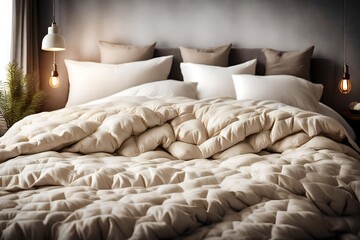 Ivory duvet on cozy bed, ready for winter. Household, hotel, or home textile scene