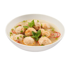Clear broth with bacon dumplings in soup bowl on png background.