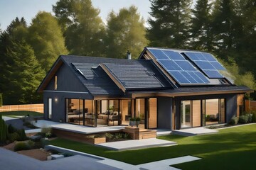 Eco-friendly suburban home featuring a photovoltaic system on the gable roof, alongside a modern passive design