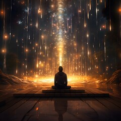 person in meditation beside a radiant quantum wave