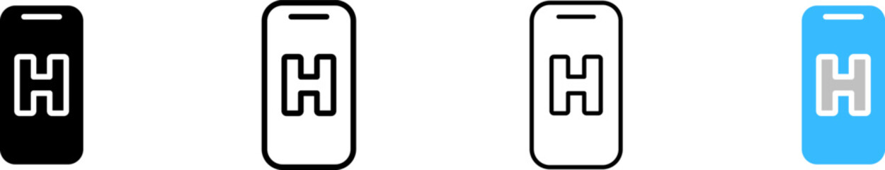 H on phone screen. Phone screen. Silhouette, linear, and flat style. Vector icons.