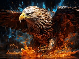 Beautiful eagle reflecting in water with flame