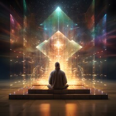 person in meditation beside a radiant quantum wave