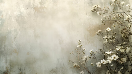 Grunge old vintage paper texture with rustic flower floral decoration. Large empty space, plaster wall background