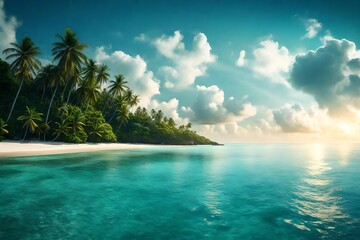 a brief description of a tropical beach scene, featuring a wide horizon where the sky meets the sea, showcasing the beauty of the panoramic seascape