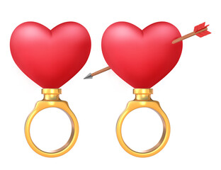 3D Rendering Heart Ring And Heart Pierced By An Arrow Ring Isolated On Transparent Background, PNG File Add