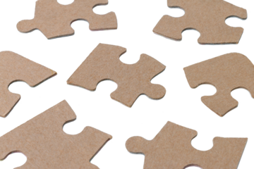 scattered cardboard puzzles, cut out, uncertainty concept on isolated background