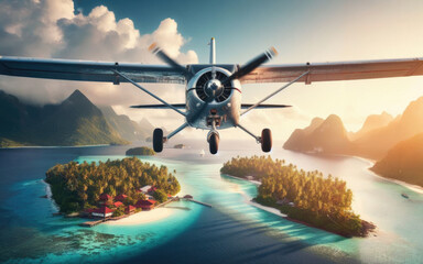 Light passenger aircraft with one propeller in the front flies over tropical islands in the morning
