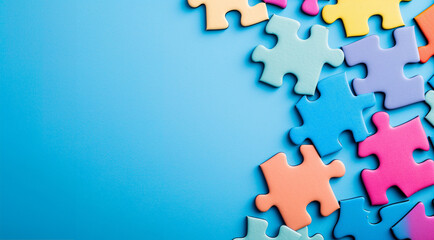 puzzle pieces on a blue background. colorful puzzle pieces on a vibrant blue background with plenty of copy space with copy space. Colorful jigsaw puzzle pieces on a blue background. Problem solving 