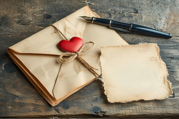 papier à lettre de type parchemin avec stylo à plume sur table en bois, petit cœur rouge posés sur la table - obrazy, fototapety, plakaty