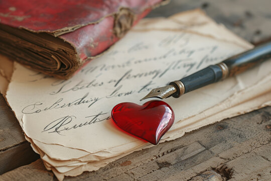 papier &agrave; lettre de type parchemin avec stylo &agrave; plume sur table en bois, petit c&oelig;ur rouge pos&eacute;s sur la table
