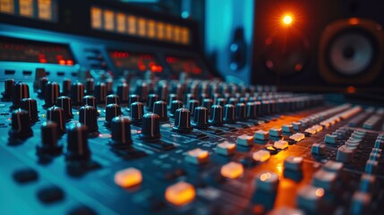 Sound board with vivid lights in the background, ideal for music events and designs with a concert theme.