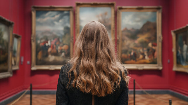 Woman Appreciating Paintings in a Contemporary Art Museum