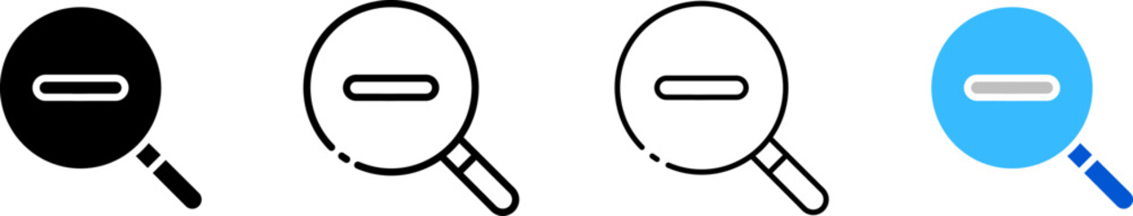 Minus inside magnifying glass icon set. Silhouette, linear, and flat style. Vector icons.