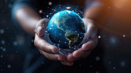 Hands holding globe. Technology protect earth, cloud network. Abstract technology science background. Sphere shields protect. Global network and technology. 
