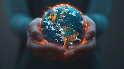 Fototapeta premium Hands holding globe. Technology protect earth, cloud network. Abstract technology science background. Sphere shields protect. Global network and technology. 