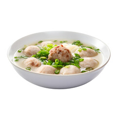 Clear broth with bacon dumplings in soup bowl on png background.