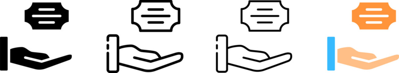 Ticket in hand icon set. Silhouette, linear, and flat style. Vector icons.