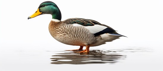 Female mallard wild duck slowly swims on the calm peaceful water - obrazy, fototapety, plakaty