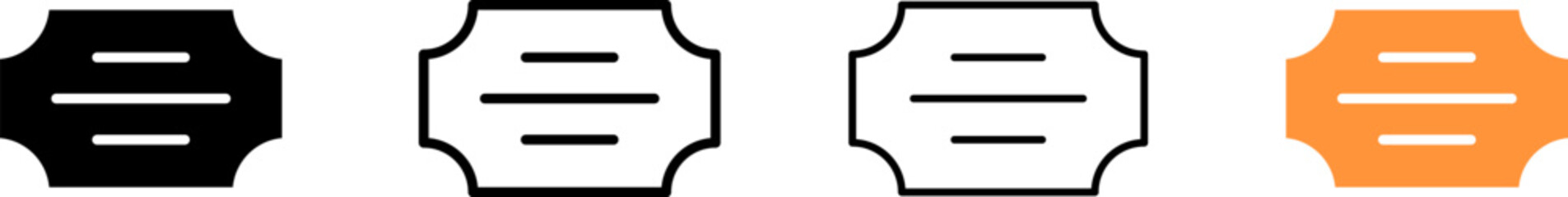 Ticket icon set. Silhouette, linear, and flat style. Vector icons.