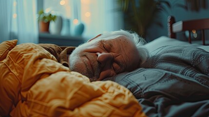 Happy senior man sleeps in a bed at home. sleep rest relax comfort. Mattress and bedding business banner