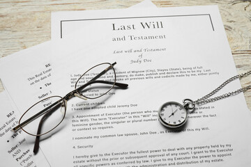 Last Will and Testament, glasses and pocket watch on white wooden table, above view