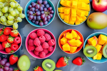 Variety of fruits in colorful bowls, representing colors, food concept, generative ai