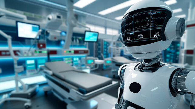 Automated Medical Caregiver. Robot with digital display in a high-tech operating room.