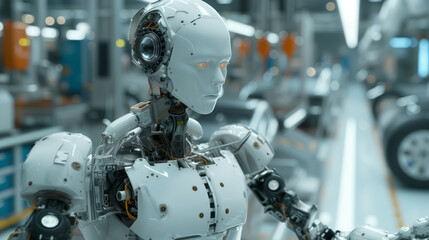 Humanoid Robot in Automotive Manufacturing Plant. Close-up of a humanoid robot's head and torso with intricate mechanical details, positioned in an automotive assembly line.