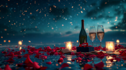 Romantic Proposal by the Water. Champagne, candles, and rose petals create a romantic proposal scene. - obrazy, fototapety, plakaty