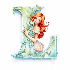 Alphabet letter "L" Cute cartoon girl with long curly red hair in aquamarine dress.. Ai generative.