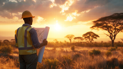 Engineer Reviewing Plans at Sunset in Africa. An engineer in a hard hat and high-visibility vest reviews blueprints in a savannah at sunset. - obrazy, fototapety, plakaty