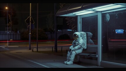 Cosmic Solitude, Astronaut Contemplating at Night Bus Stop